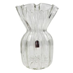 Pilgrim Glass Clear Optic Ribbed Ruffled Rim Vase Handmade USA Vintage 8.25in